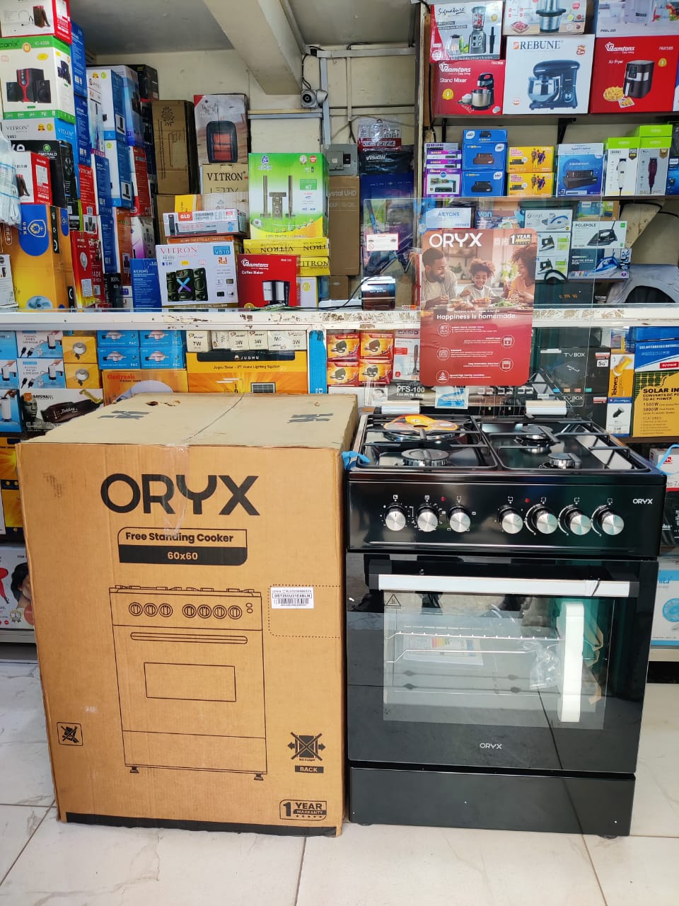 Mika	ORYX Standing Cooker, 60cm x 60cm, 3 Gas Pool Jet Burners + 1 RAPID Hot Plate, Button Ignition, 3 Function Electric Oven, Black Hob, Silver Body